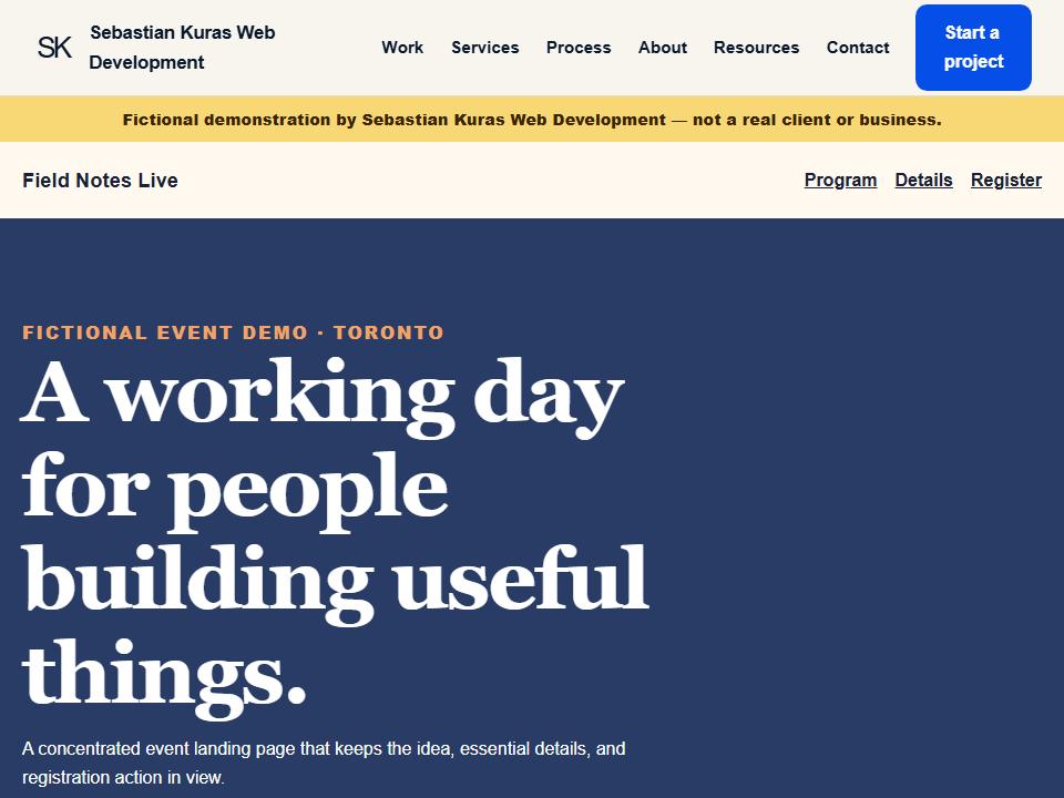 Field Notes Live fictional product or event landing page website preview